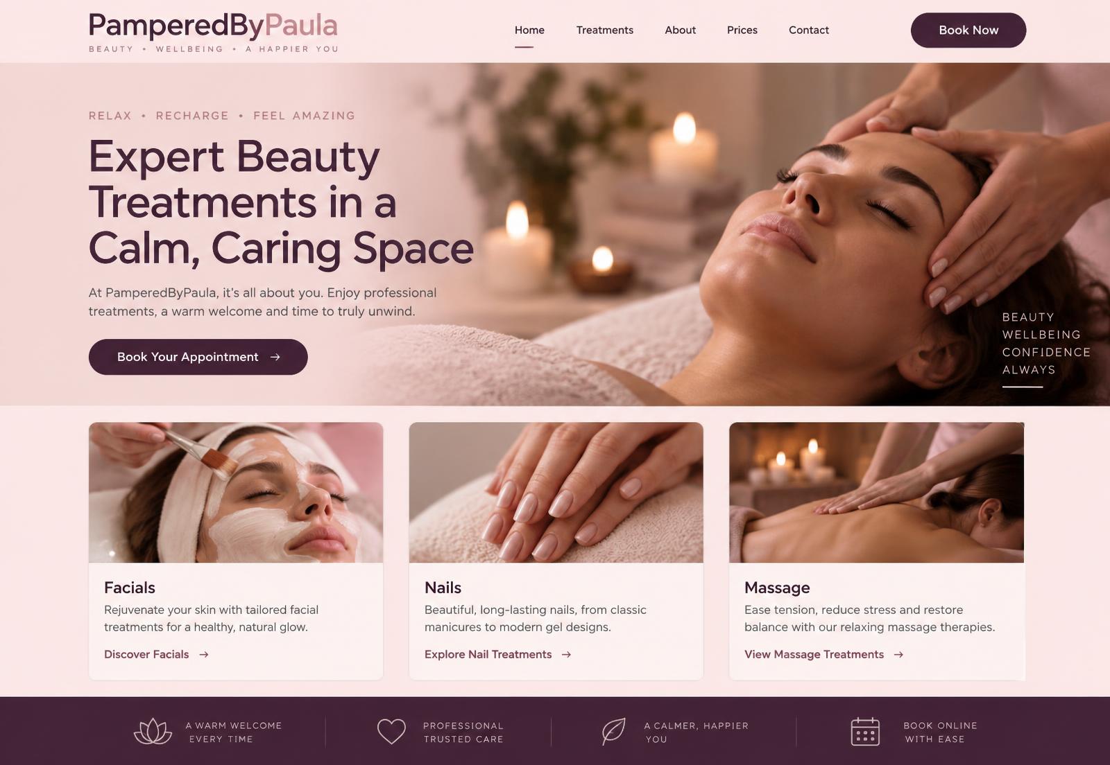 PamperedByPaula website concept. Replace with a screenshot of the live site